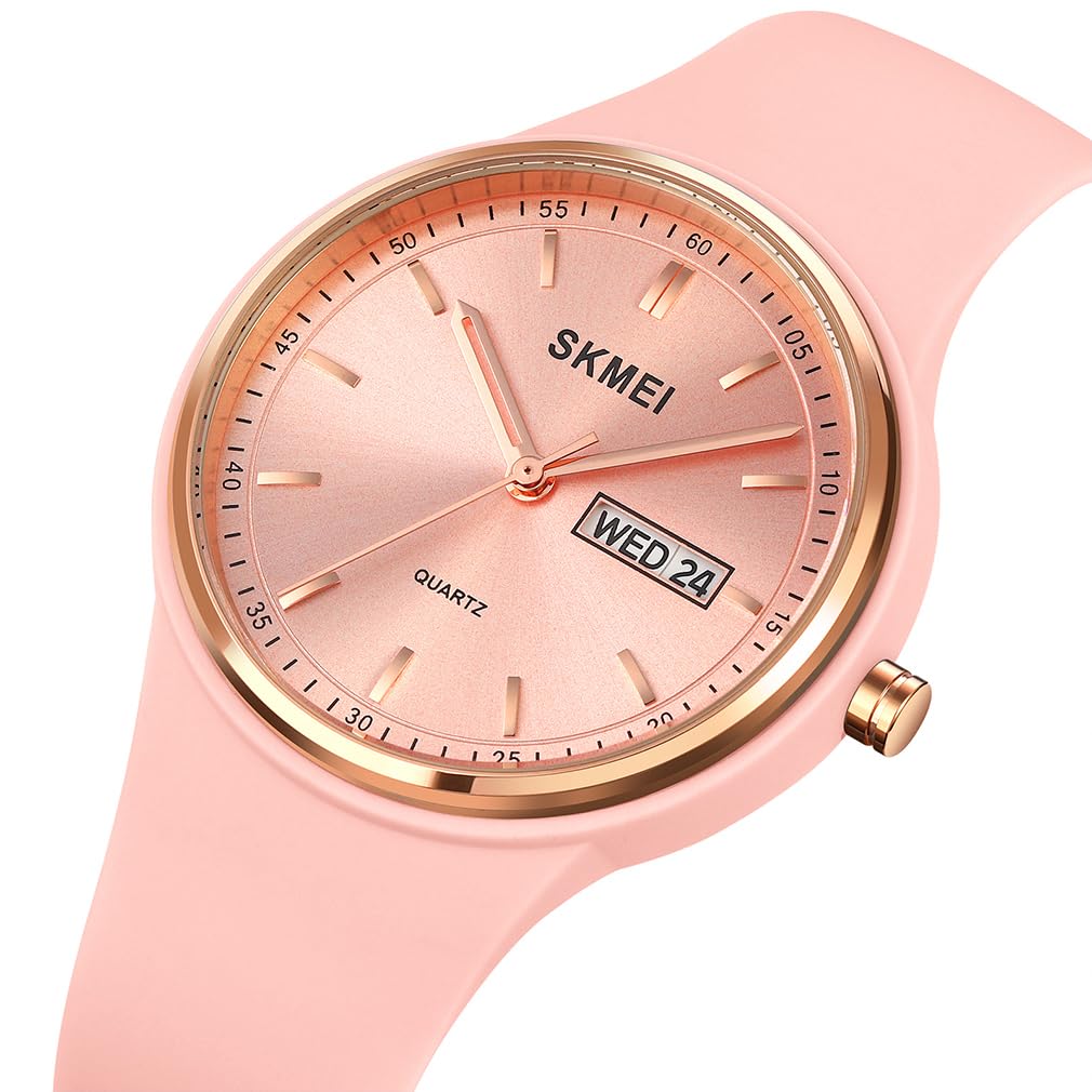 Silicone Waterproof Cute and Stylish and with Date and Day Perfect for High School Pink Women's Wristwatch, Simple, Casual, Display, Students,