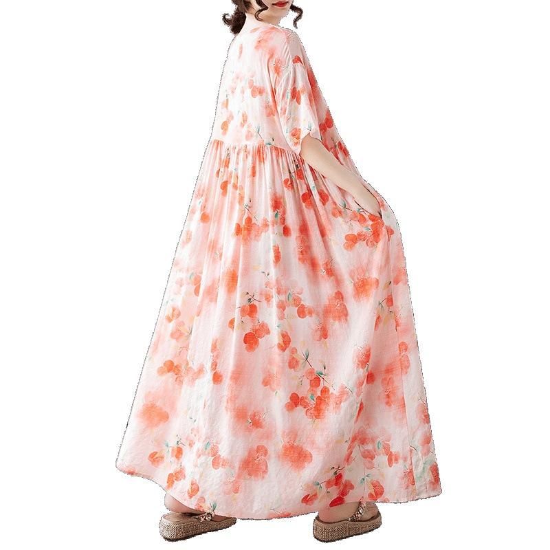 Summer new simple bohemian long dress fattened and enlarged short-sleeved crew neck printed dress women's clothing