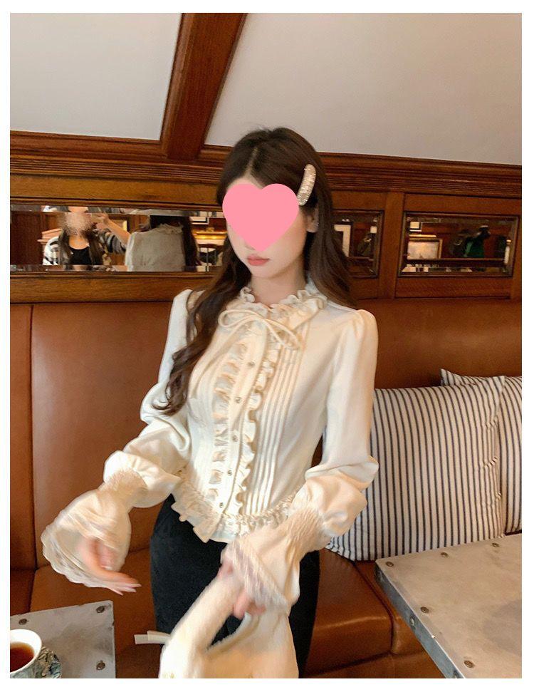 Cream Bagel French Sweet Age-Reducing Lace Ruffle Slimming Blouse - Women's Autumn Court Style Top