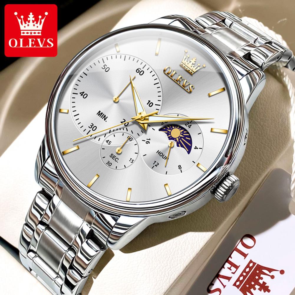 OLEVS Moon Phase Men's Watch Simple Casual Original Fashion Quartz Watch for Men Waterproof Luminous Stainleess Steel Wristwatch