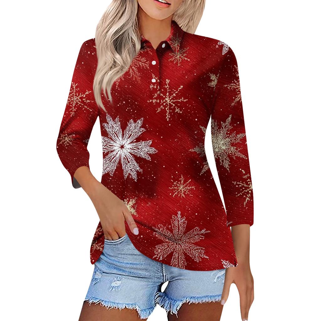 Women's Fashion Casual Lapel Short 3/4 Sleeve Christmas Print Shirt Women's Button Up Tops