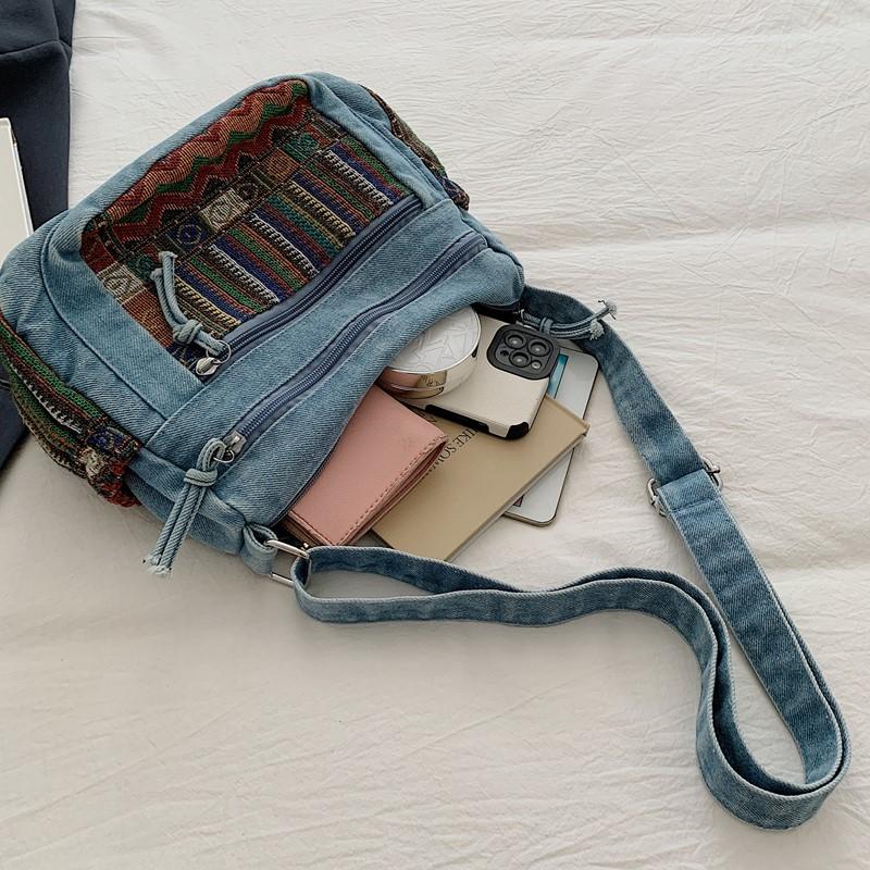 Винтажная джинсовая вышитая сумка-тоут женская большая вместительная на плечо