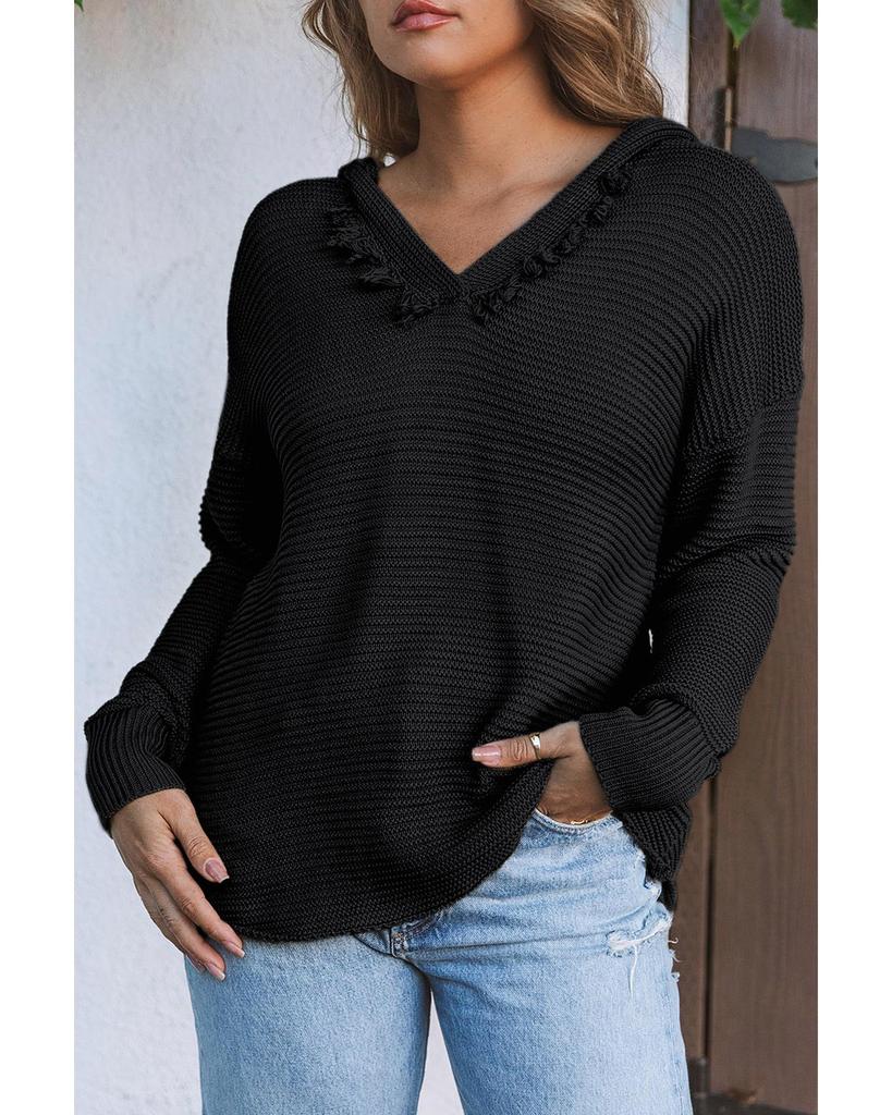 Azura Exchange Свитер с капюшоном и V-образным вырезом в рубчик