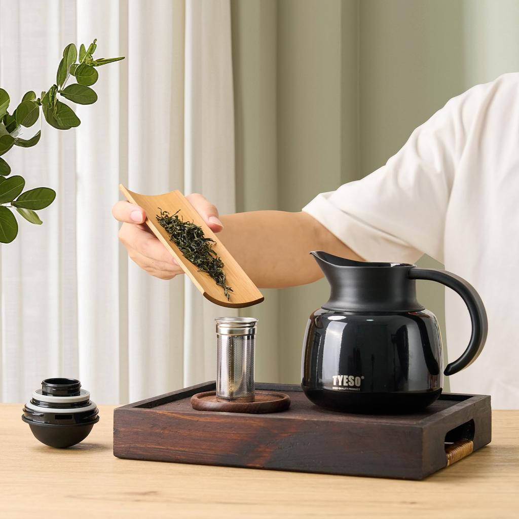 TYESO 1 Liter Vacuum Insulated Thermos, Portable Stainless Steel Tea/Coffee Pot with Strainer, Garnet Red, for Tabletop Use