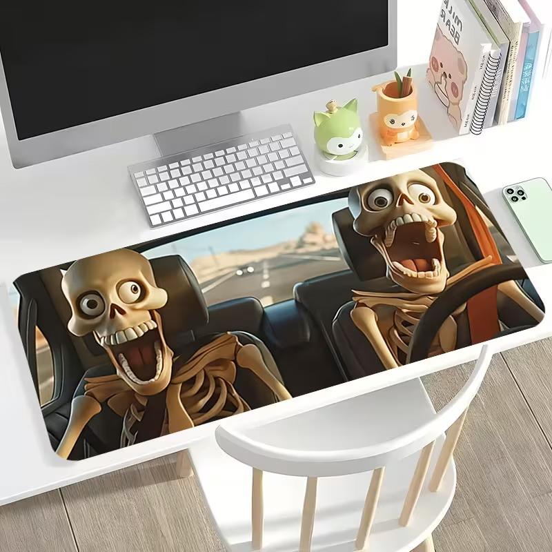 Large Black Desk Mat With Funny Skeleton Making Peace Sign, Anti‑Slip Gaming Mousepad For PC Setup