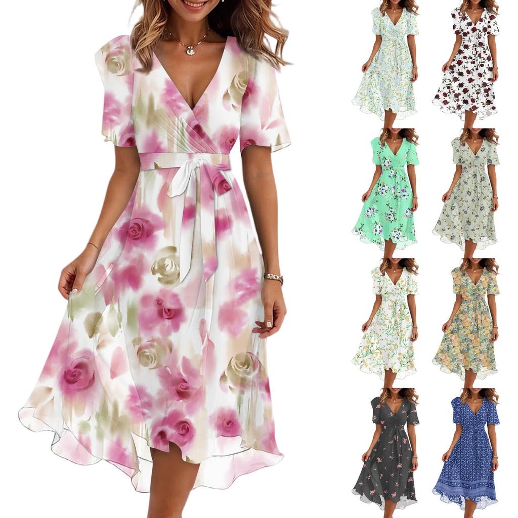 Women's Fashion Casual V Neck Short Sleeve Ruffled Vintage Printed Dresses