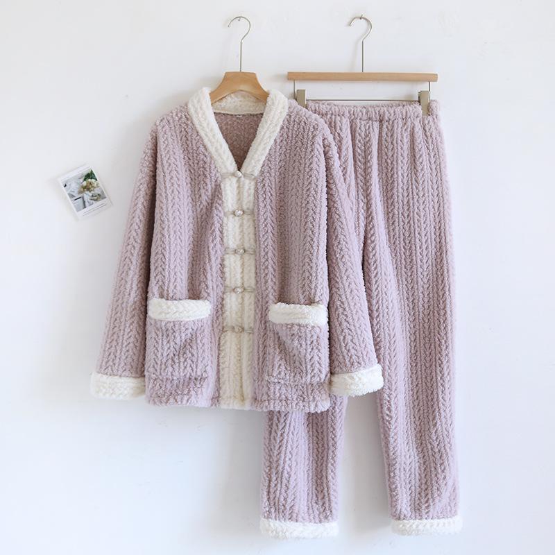 New Autumn Winter Women's 2PCS Pajamas Suit Flannel V-Neck Thickened Warm Long Sleeved Cardigan Sleepwear Loose Homewear