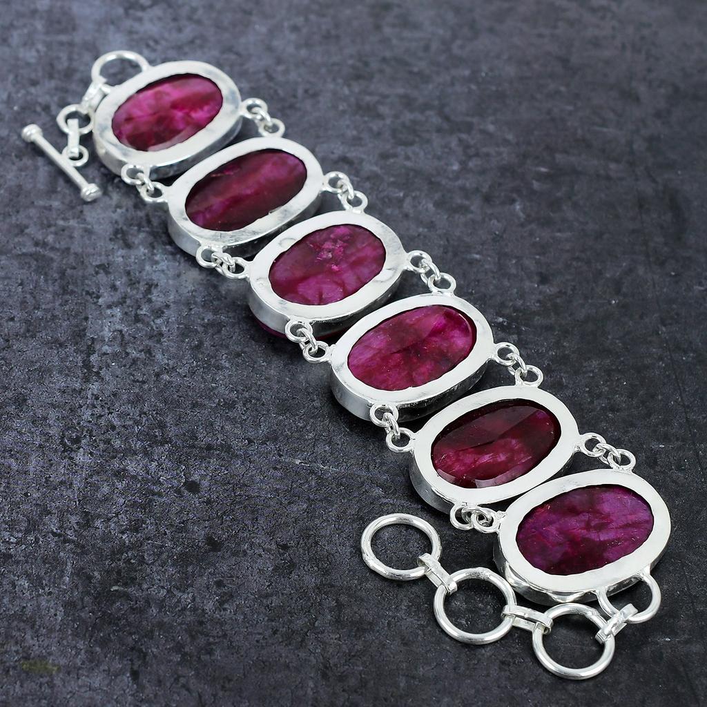 Kashmir Ruby NaturalGemstone 925 Sterling Silver Bracelet 7-8 W8f17
