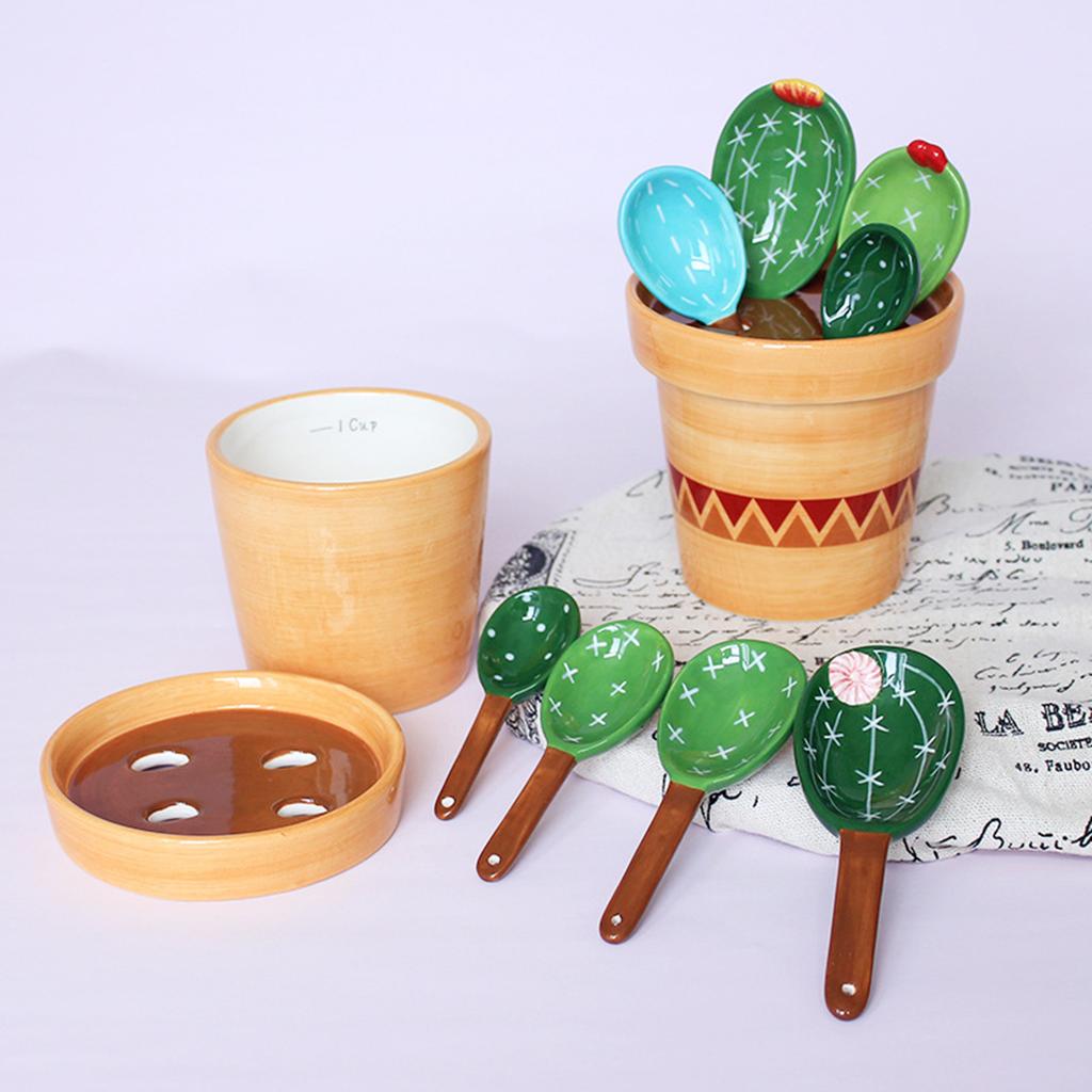 Cartoon Cactus Measuring Spoons Set Lead-free Earthenware Ceramic for Kitchen Home Ornaments