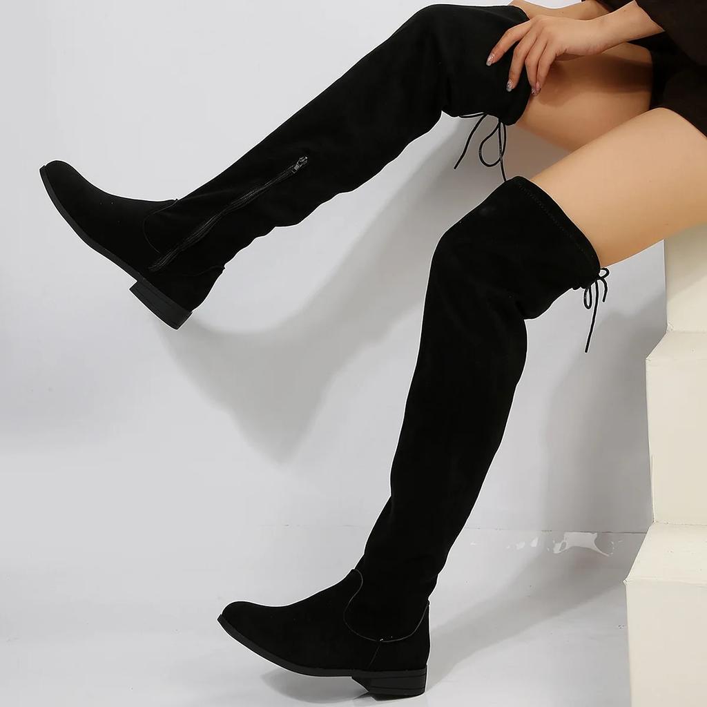 New Autumn Women's Boots Black Knee High Sexy Footwear Fashion Versatile Lowheeled Boots Casual Comfort Ladies Shoes Botas Mujer
