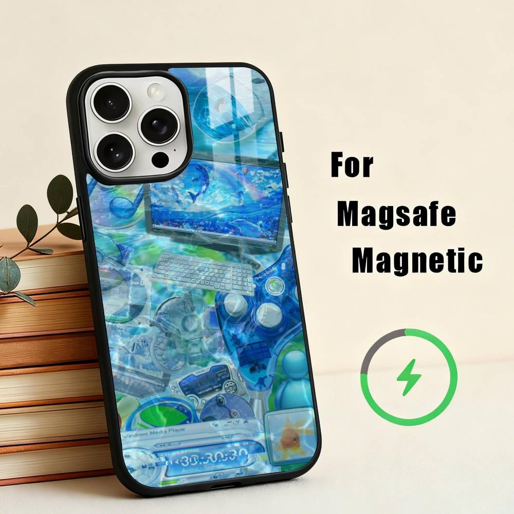 F-Frutiger Aero Aqua N-Nostalgia Чехол для телефона для iPhone17,16,15,14,13,12,11 Plus, Для чехла с магнитной беспроводной зарядкой