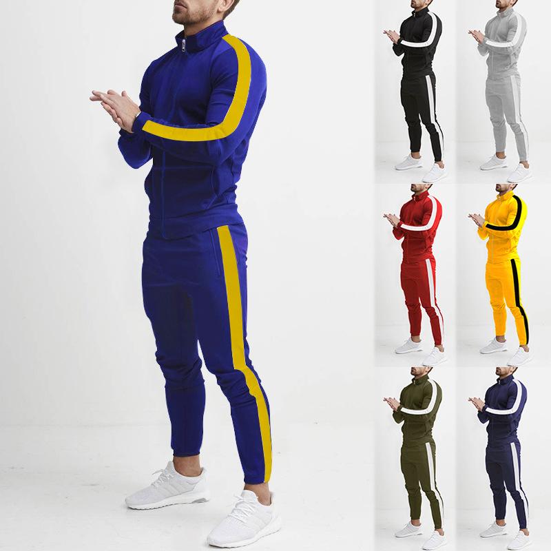 Men's New Autumn Winter 2 Piece Outfit, Spliced Stand Collar Long Sleeve Top & Long Pants Slim Fit Casual Sports Matching Set for Europe & America