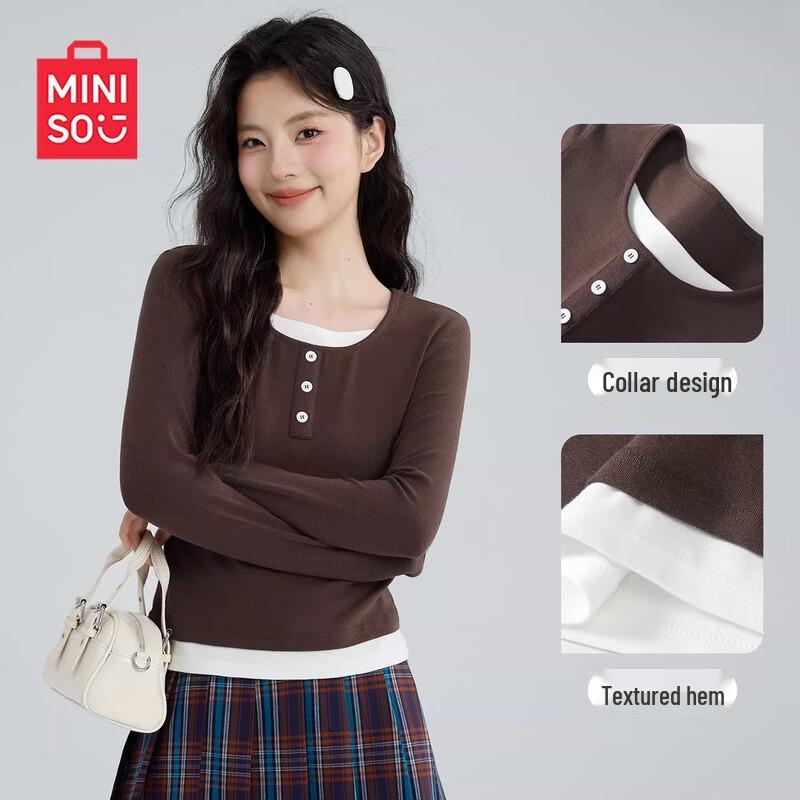 MINISO Женская футболка с U-образным вырезом, длинным рукавом, в стиле color block, имитация двух предметов