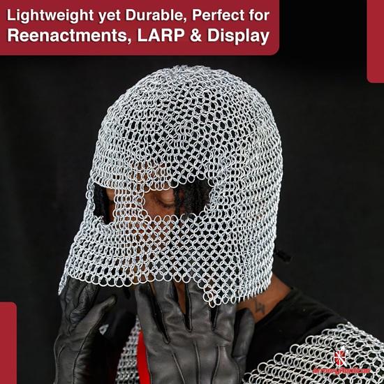 Armory Replicas Кольчужный капюшон Средневековый капюшон Стальная кольчуга с клепаными кольцами Защита шеи и лица