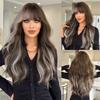 Brown Pink Gray Highlight Long Curly Wig for Women - Full Bangs Realistic Cap, Heat Style Trim Ready, Fashion Quick Beauty