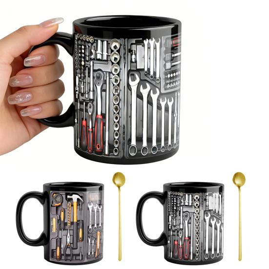 Керамическая кружка с ложкой в виде ящика для инструментов механика. Оригинальный подарок для папы, мужа и автолюбителя.