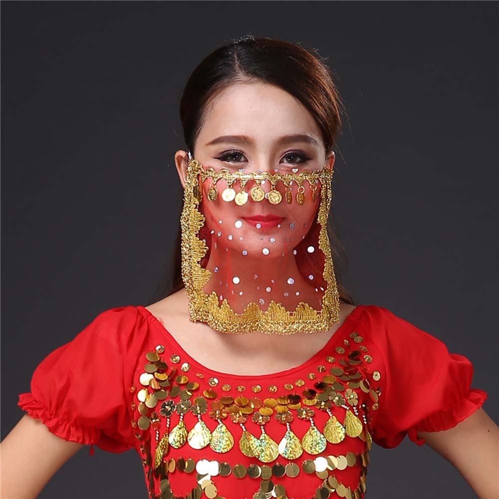 Indian Dance Sequins Women Performance Accessories Rhinestone Face Veils Mesh Belly Dance Costumes