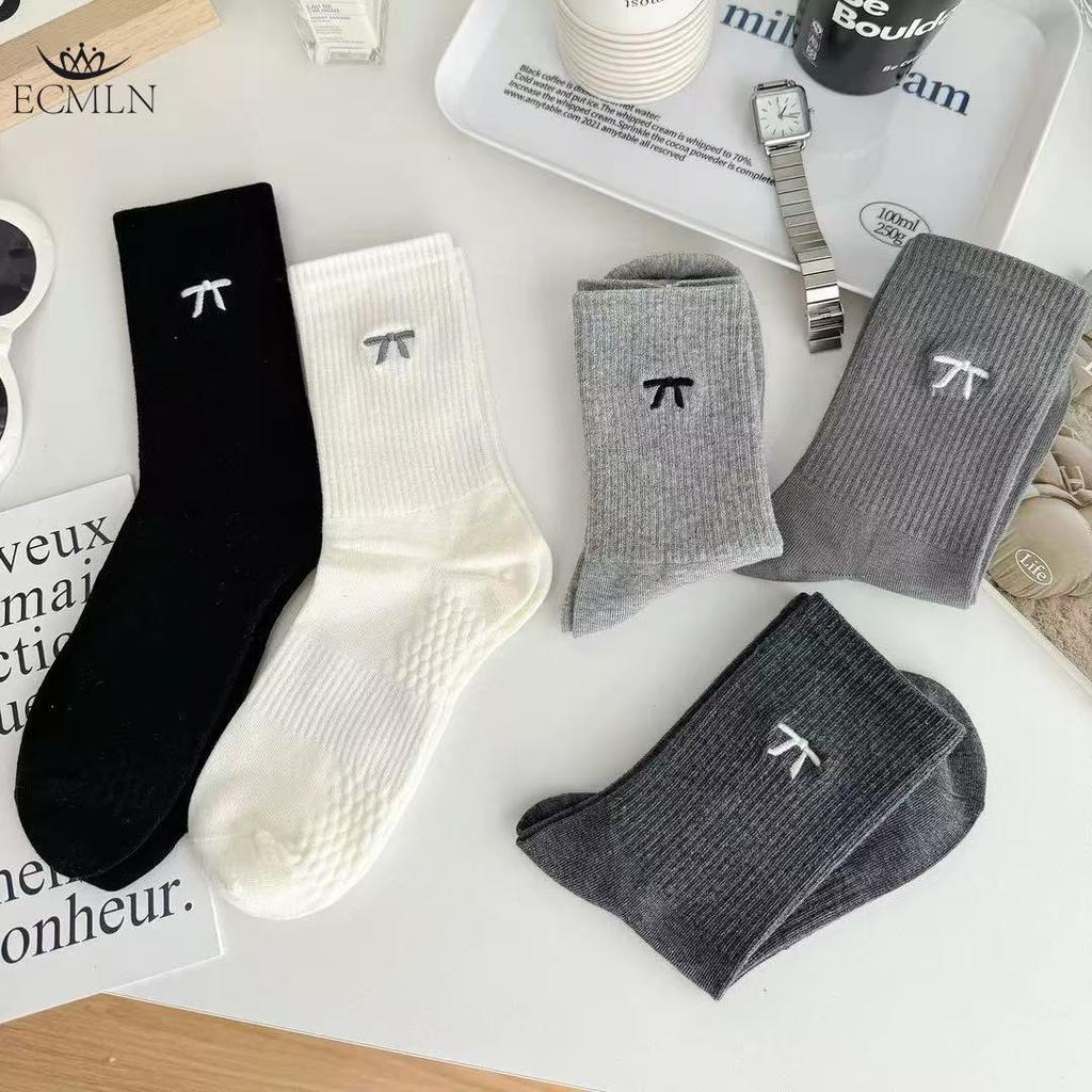 Женские носки из чистого хлопка средней длины, носки для девочек с вышитым бантом, дышащие простые носки для колледжа