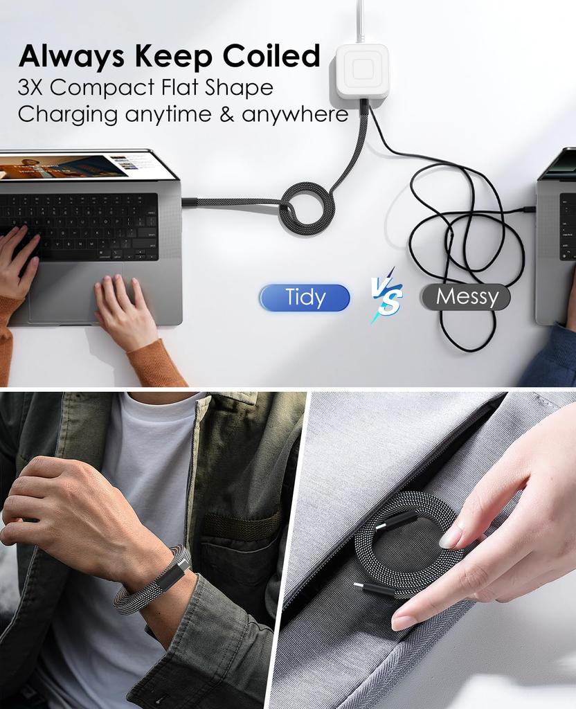 Magtame Magnetic Fast Metal Double совместим с кабелем Type-C, плоский, автоматическое хранение, зарядка 240 Вт/5 А, кабель Type-C, совместимость с QC4.0/PD3.1, USBC-USBC