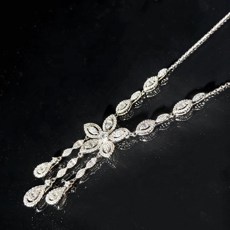 Factory Direct Fine Jewelry Iced Out Bling Baguette Trapezoid 8A CZ 925 Sterling Silver Waterdrop Flower Necklace for Women