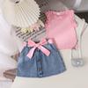 Girls Casual Suit Summer Kids Fashion Sleeveless Crew Neck Vest + Denim Shorts Suit