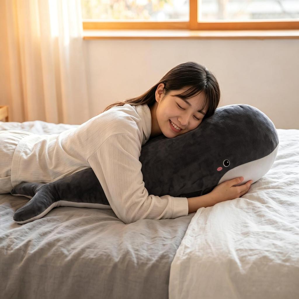 Missmat Whale Plush Hugging Body Pillow, Extra Large Soft Animal Cushion, Washable Side-Sleeping Pillow, Room Decor Gift, Approx. 100cm (Black)