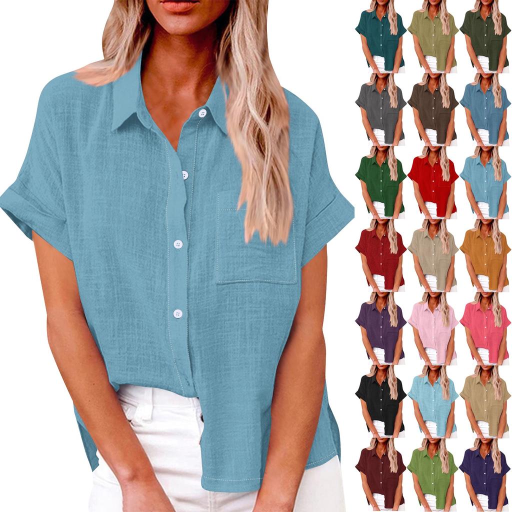 Women's Loose Casual Short Sleeve Lapel Button With Pocket Solid Colour Shirt Top