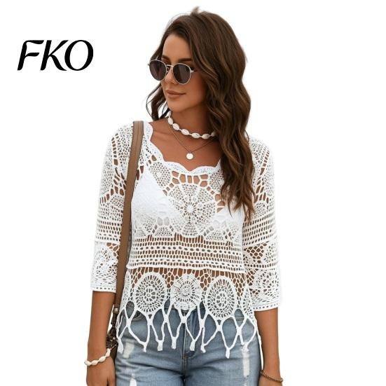 Spring Autumn Layering Top Women Crochet Tops, Round Neck 3/4 Flared Sleeves Cover Up, Hollow Lightweight Knit Blouse Sun Protection