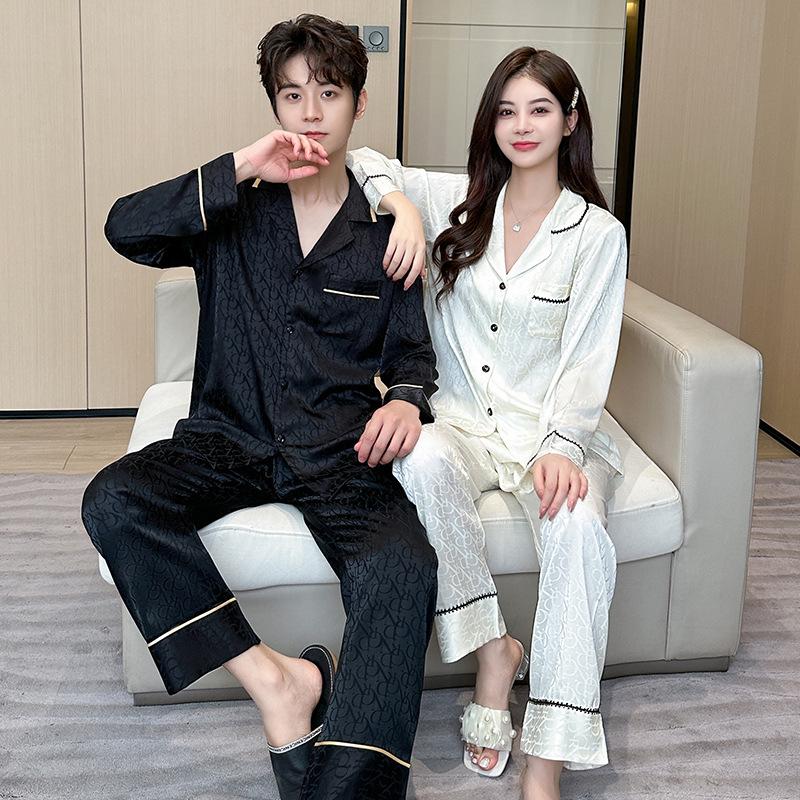 R Full Version Light Luxury Jacquard Silk Couple Pajamas - Autumn/Winter Long Sleeve French Homewear