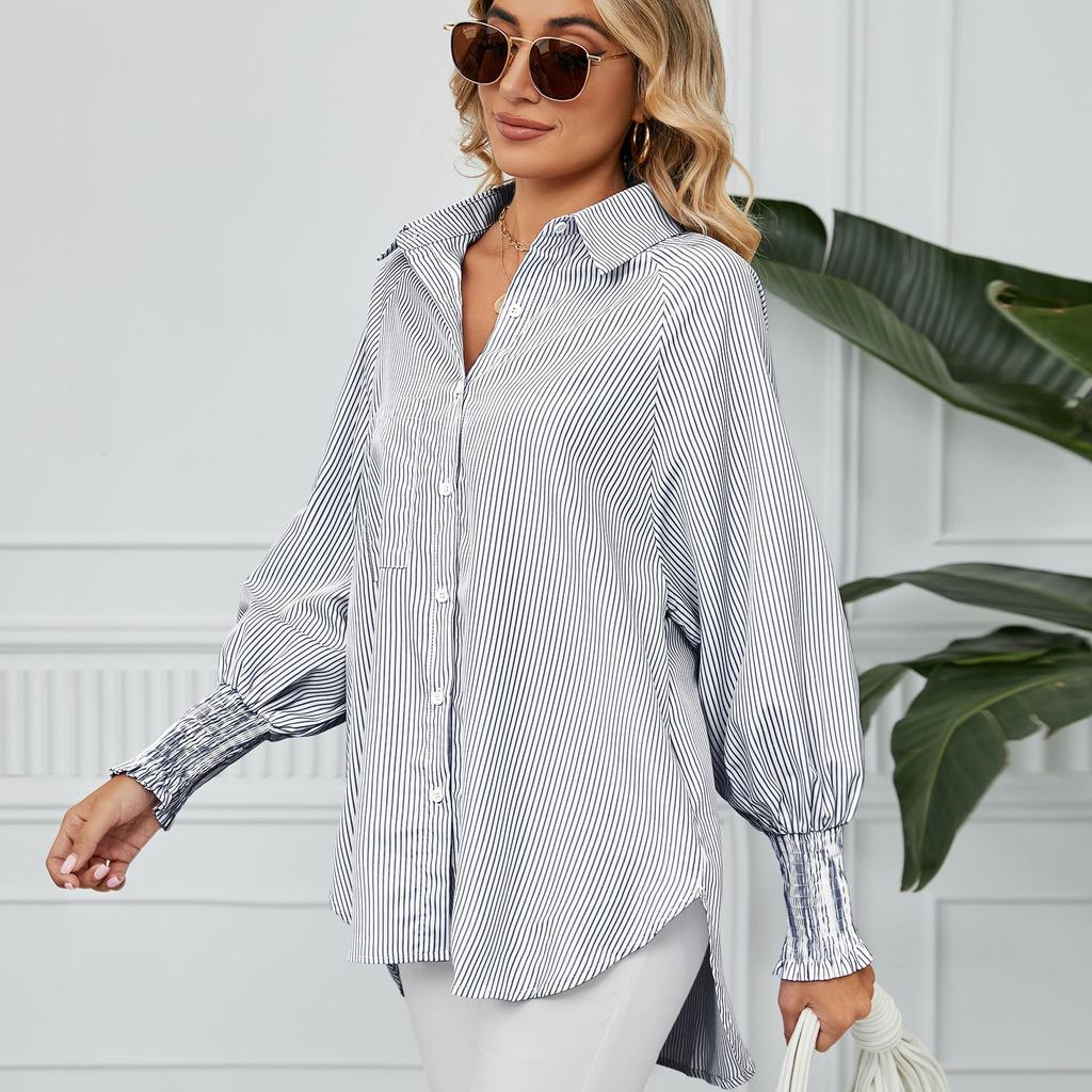 YYFS Женские модные повседневные весенне-осенние рубашки-поло с длинным рукавом и принтом в полоску, блузки и рубашки