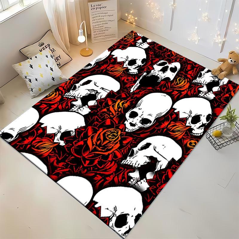 Skull and Rose Pattern Carpet, Red and Black Gothic Home Decor Rug Suitable for use as an anti-slip for living room bedroom sofas