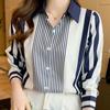Fashion Long Sleeve Turn Down Collar Stripe Chiffon Blouse Shirt Women Tops J253