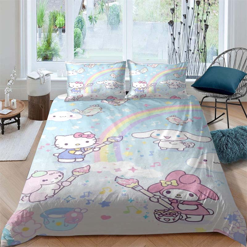 3D printed cartoon Cinnamoroll themed three-piece bedding set, including duvet cover and pillowcases, a perfect holiday gift.