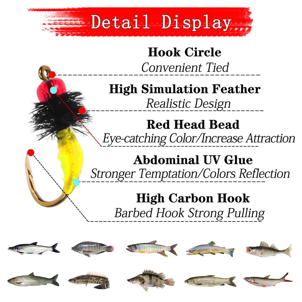 5/10Pcs Realistic Insect Red Beadhead Midges Nymph Bait  Dry Fly Trout/Bass/Carp/ Fishing Lure With Flies Box