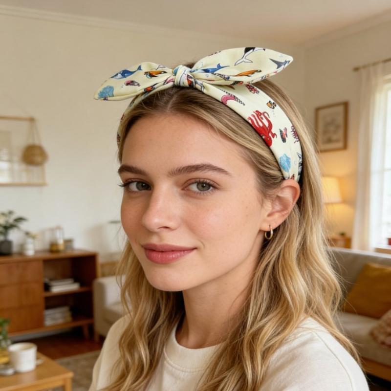 Non Slip Ocean Fish Print Headband with Cute Bow Perfect for Wide Hair Hoop Lovers