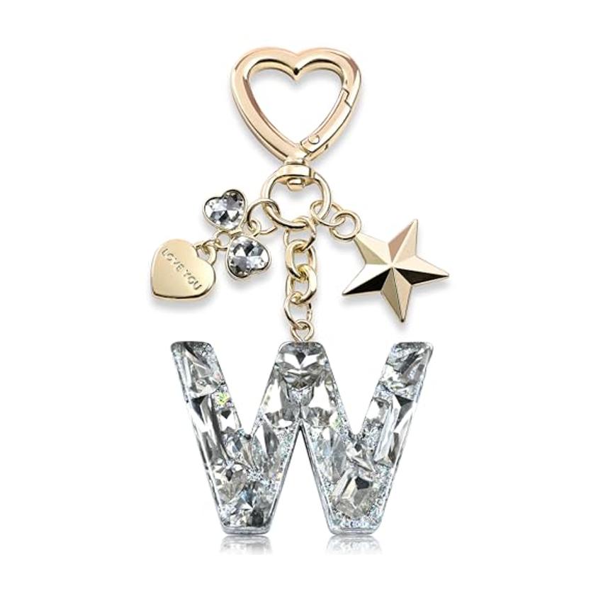 Bling Keychain with Initial Letter Butterfly Star Pink Purple - Cute Gift for Women And Girls Bag Cup Charms Fashion Accessory