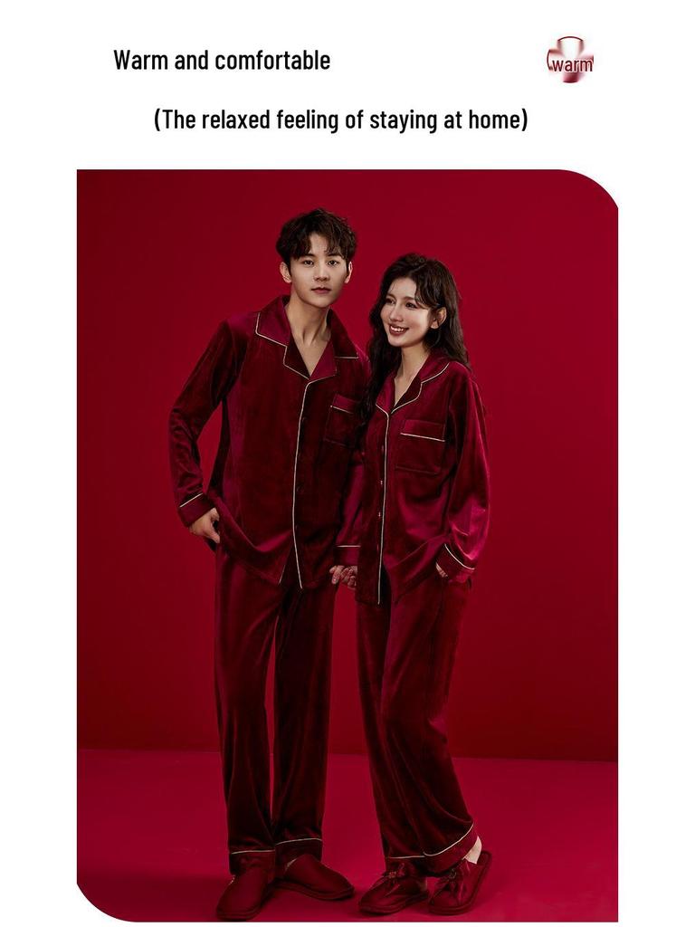 Fly Together 2-Piece Burgundy Island Fleece Pajamas for Couples - Wedding Festive, Extra Thick Winter Homewear.