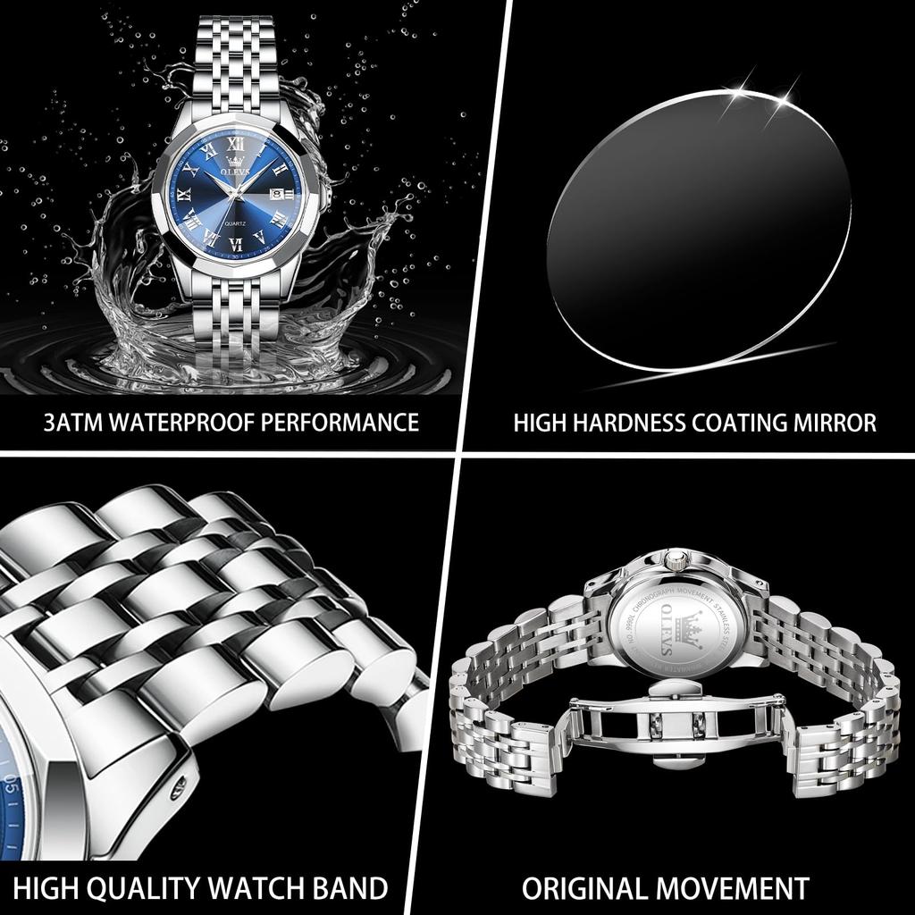 OLEVS Дата Часы для женщин Аналоговые Синие Серебристые Нержавеющая сталь Синие Давление Легко читаемые Женские Повседневные Женские Часы Женские Часы, Стильные, Популярные,