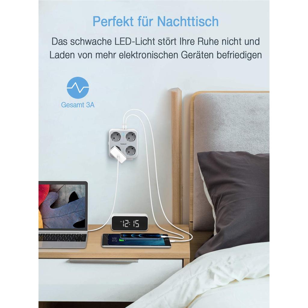 Tessan Europe USB Sockets Power Strip with 2/3 USB Ports 2/4 AC Outlets Wall Socket Adapter for Smartphone, Laptop, Camera