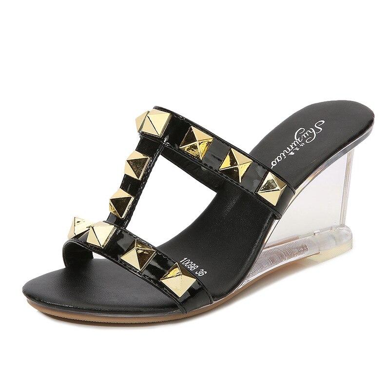 Женские прозрачные модные сандалии высокого качества на танкетке со стеклом, прозрачные босоножки на каблуке с заклепками LFD