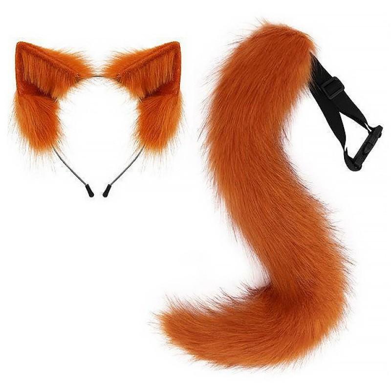 Faux Fur Fox Tail Costume Accessory With Cat Ear Headband Halloween Cosplay Party