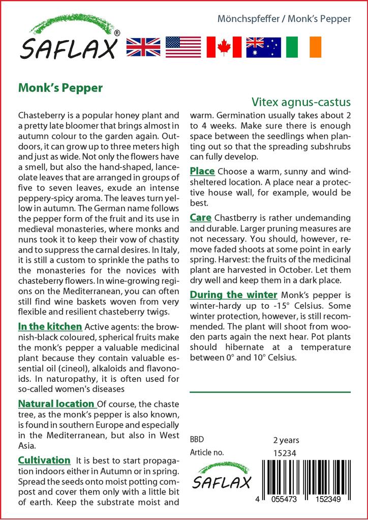 SAFLAX Garden in the Bag - Monk's Pepper - 30 семян - С субстратом в подходящем пакете - Vitex agnus-castus
