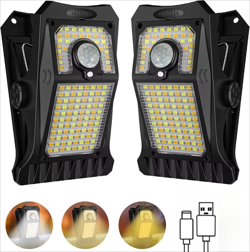 118 светодиодов Солнечные охранные умные фонари с датчиком движения Наружные фонари Клипсовый светильник Автоматическая регулировка яркости Лампа для двора, гаража, ландшафтная подсветка, настенное украшение