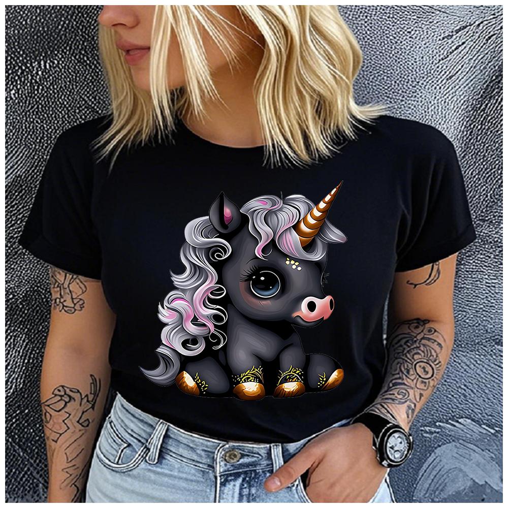 Unisex 100% Polyester Summer Top Black cartoon little unicorn Print Loose round Neck Short Sleeve Fashion for Lovers