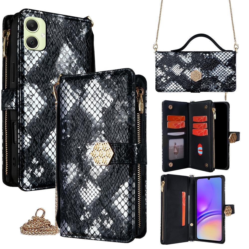 For Samsung Galaxy A05 4G Case Snake Skin Texture PU Leather Phone Wallet Cover with Shoulder Strap