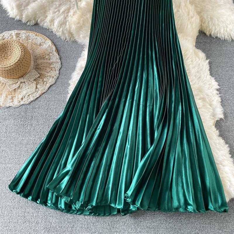 Лето Осень Женская Элегантная Атласная Высокая Талия Длинная Макси Плиссированная Юбка
