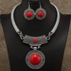 3pcs Earrings Plus Necklace Vintage Jewelry Set Inlaid Scarlet Gemstone Delicate Carving Craft Traditional Bridal Accessories