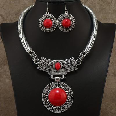 3 шт. серьги плюс ожерелье винтажный комплект ювелирных изделий инкрустированный алыми драгоценными камнями изящная резьба по дереву традиционные свадебные аксессуары