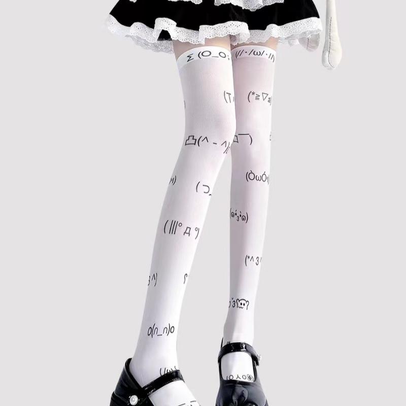 Kawaii Expression White Graffiti Letter Print Long Socks Japanese JK Harajuku Over Knee Thigh High Stockings Cosplay Socks