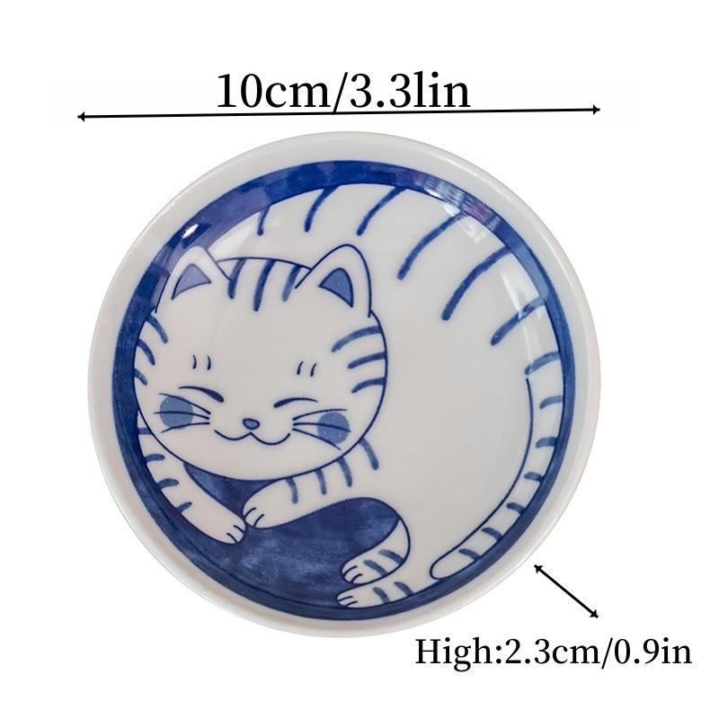 Керамическая тарелка для десертного соуса Набор посуды Мини-пиала Пиала для гарнира Креативный мультяшный узор "Счастливый кот" Маленькая фруктовая тарелка 1 штука